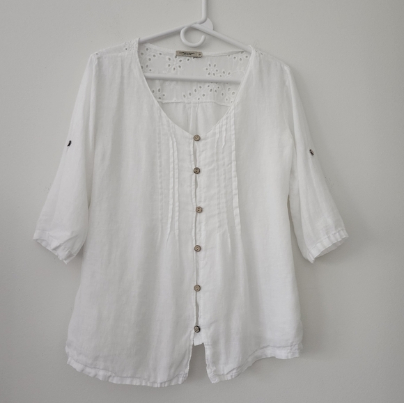 Lungo L'Arno White Linen Button-Down Blouse Size Small - Picture 2 of 12